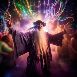 Gandalf the wizard joyfully dancing and partying at a lively, colorful rave with enchanting light effects and jubilant atmosphere.