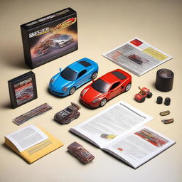 A boy racer starter kit featuring a collection of miniature fast cars, couple of car modification tools, racer outfit, a set of racing video game cover, and a beginners guideline book on racing