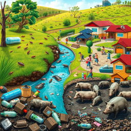 A vibrant community scene depicting cockroaches near a clean stream contrasted with another area littered with plastic bottles