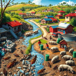 A vibrant community scene depicting cockroaches near a clean stream contrasted with another area littered with plastic bottles