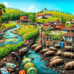 A vibrant community scene depicting cockroaches near a clean stream contrasted with another area littered with plastic bottles