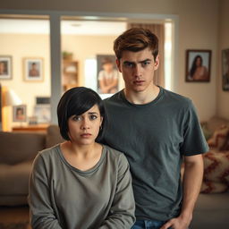 A young couple inside their cozy home, showcasing a worried expression