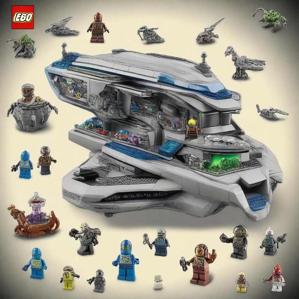 A detailed LEGO set featuring aliens, complete with extraterrestrial landscapes, advanced spaceship models, and colorful alien minifigures with various unique features