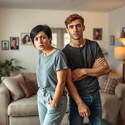 A young couple inside their cozy home, showcasing a worried expression