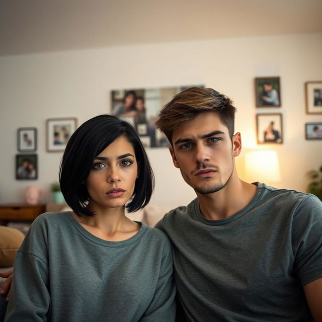 A young couple inside their cozy home, showcasing a worried expression