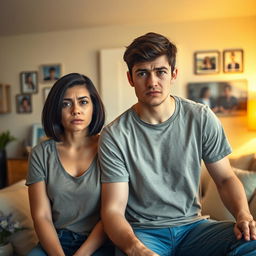 A young couple inside their cozy home, showcasing a worried expression