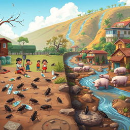An engaging digital illustration featuring small cockroaches in a community next to a clean stream, highlighting a stark contrast between different environments