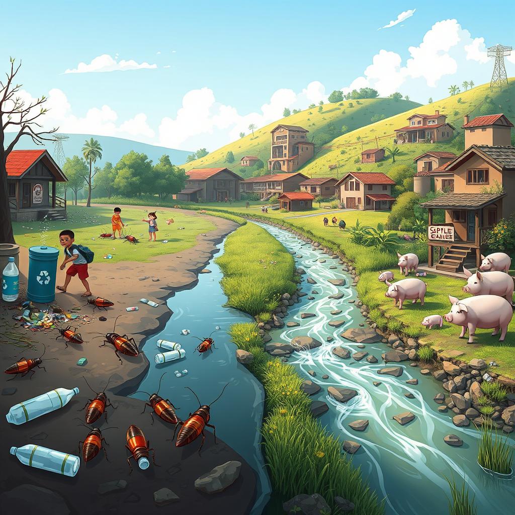 An engaging digital illustration featuring small cockroaches in a community next to a clean stream, highlighting a stark contrast between different environments