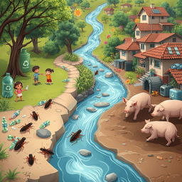 An engaging digital illustration featuring small cockroaches in a community next to a clean stream, highlighting a stark contrast between different environments