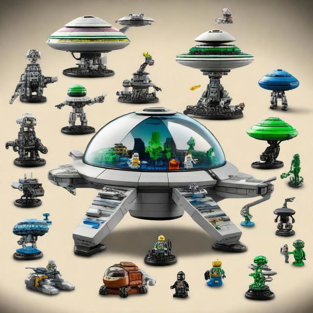 A detailed LEGO set featuring aliens, complete with extraterrestrial landscapes, advanced spaceship models, and colorful alien minifigures with various unique features