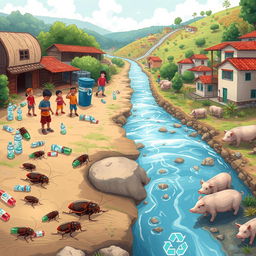 An engaging digital illustration featuring small cockroaches in a community next to a clean stream, highlighting a stark contrast between different environments