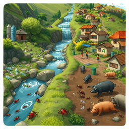 A captivating digital illustration depicting small cockroaches in a community adjacent to a beautifully natural and clean stream