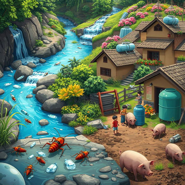 A captivating digital illustration depicting small cockroaches in a community adjacent to a beautifully natural and clean stream