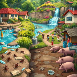 A captivating digital illustration depicting small cockroaches in a community adjacent to a beautifully natural and clean stream