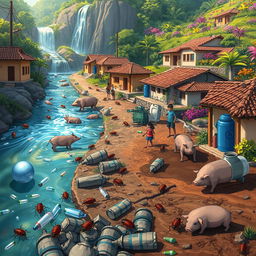 A captivating digital illustration depicting small cockroaches in a community adjacent to a beautifully natural and clean stream