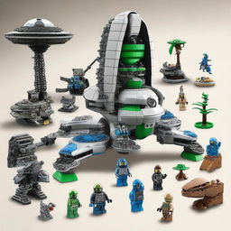 A detailed LEGO set featuring aliens, complete with extraterrestrial landscapes, advanced spaceship models, and colorful alien minifigures with various unique features