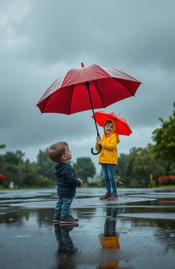 A young boy standing under an umbrella, gazing at a mysterious girl in a rain-soaked park
