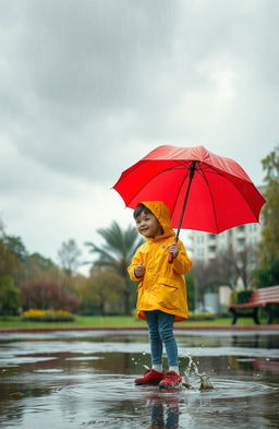 A young boy standing under an umbrella, gazing at a mysterious girl in a rain-soaked park