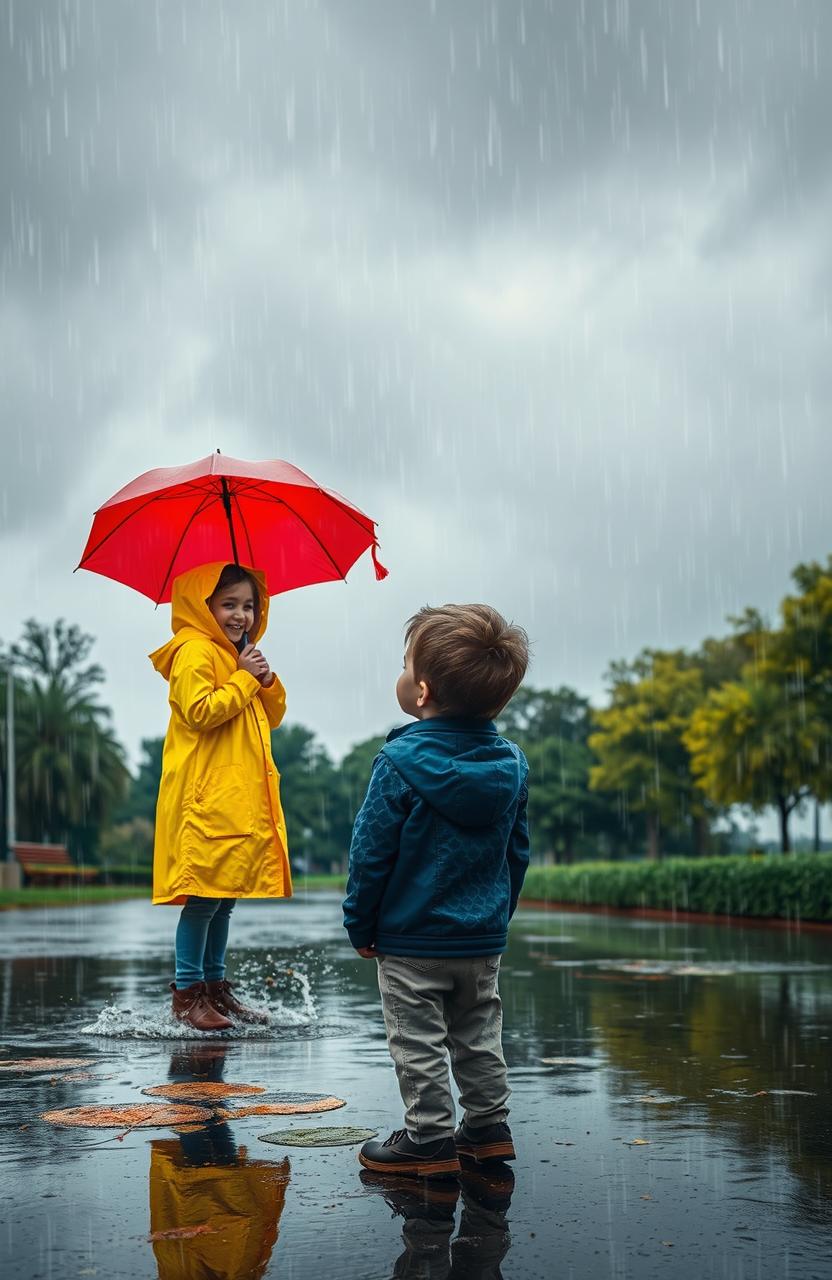 A young boy standing under an umbrella, gazing at a mysterious girl in a rain-soaked park