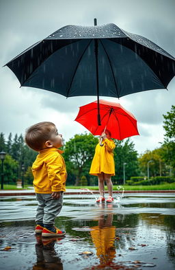 A young boy standing under an umbrella, gazing at a mysterious girl in a rain-soaked park
