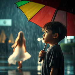 A poignant scene depicting a young boy standing under a colorful umbrella as rain pours down around him