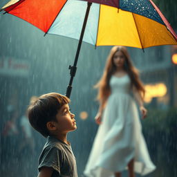 A poignant scene depicting a young boy standing under a colorful umbrella as rain pours down around him