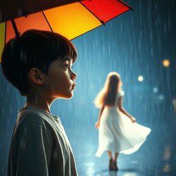 A poignant scene depicting a young boy standing under a colorful umbrella as rain pours down around him