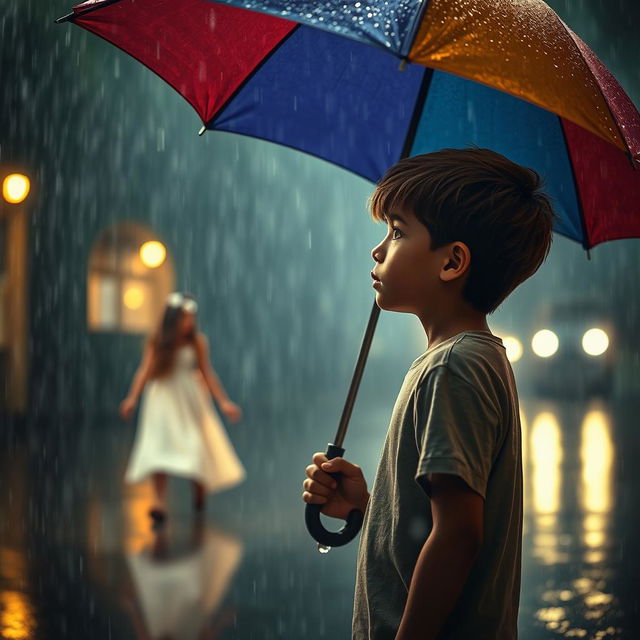 A poignant scene depicting a young boy standing under a colorful umbrella as rain pours down around him