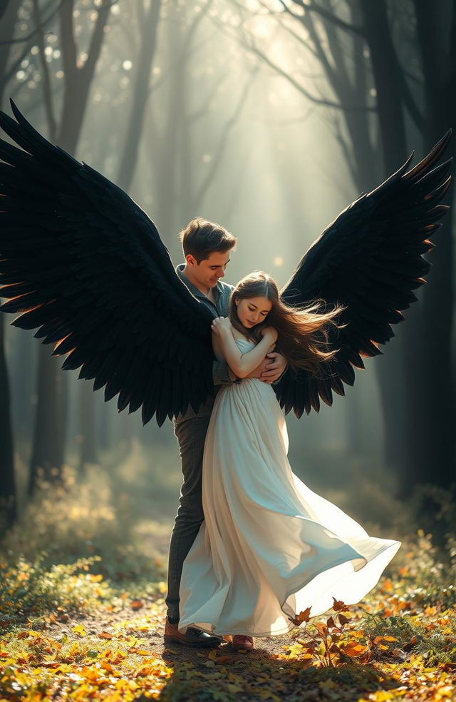 A dramatic scene featuring a girl with beautiful black wings standing gracefully, her wings elegantly spread wide and shimmering in the light