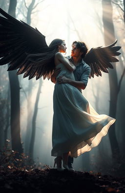 A dramatic scene featuring a girl with beautiful black wings standing gracefully, her wings elegantly spread wide and shimmering in the light
