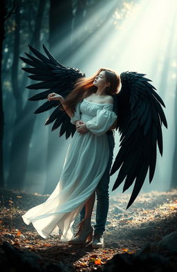 A dramatic scene featuring a girl with beautiful black wings standing gracefully, her wings elegantly spread wide and shimmering in the light