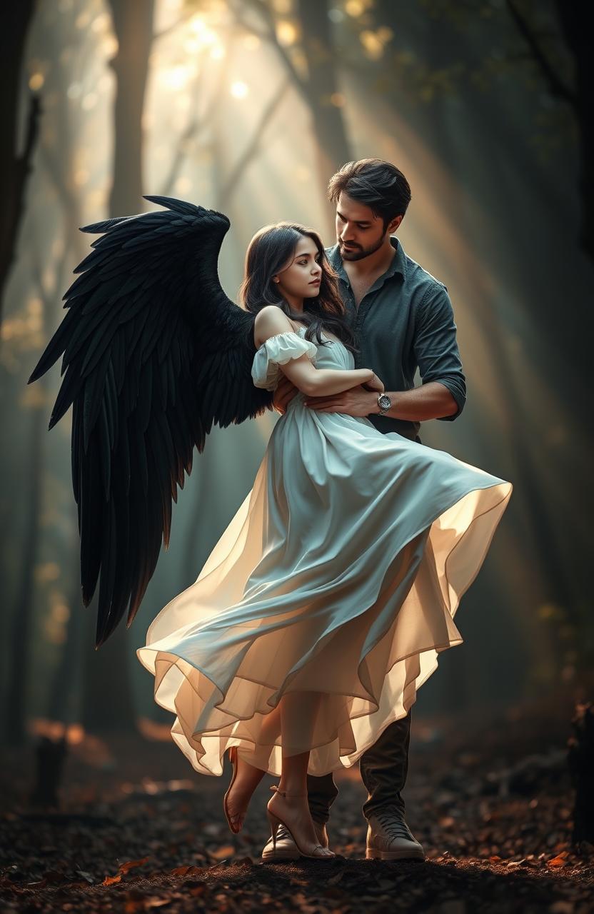 A dramatic scene featuring a girl with beautiful black wings standing gracefully, her wings elegantly spread wide and shimmering in the light