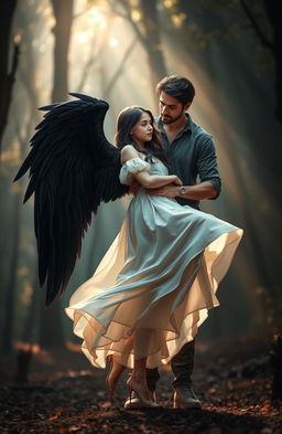 A dramatic scene featuring a girl with beautiful black wings standing gracefully, her wings elegantly spread wide and shimmering in the light