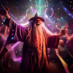 Gandalf the wizard joyfully dancing and partying at a lively, colorful rave with enchanting light effects and jubilant atmosphere.