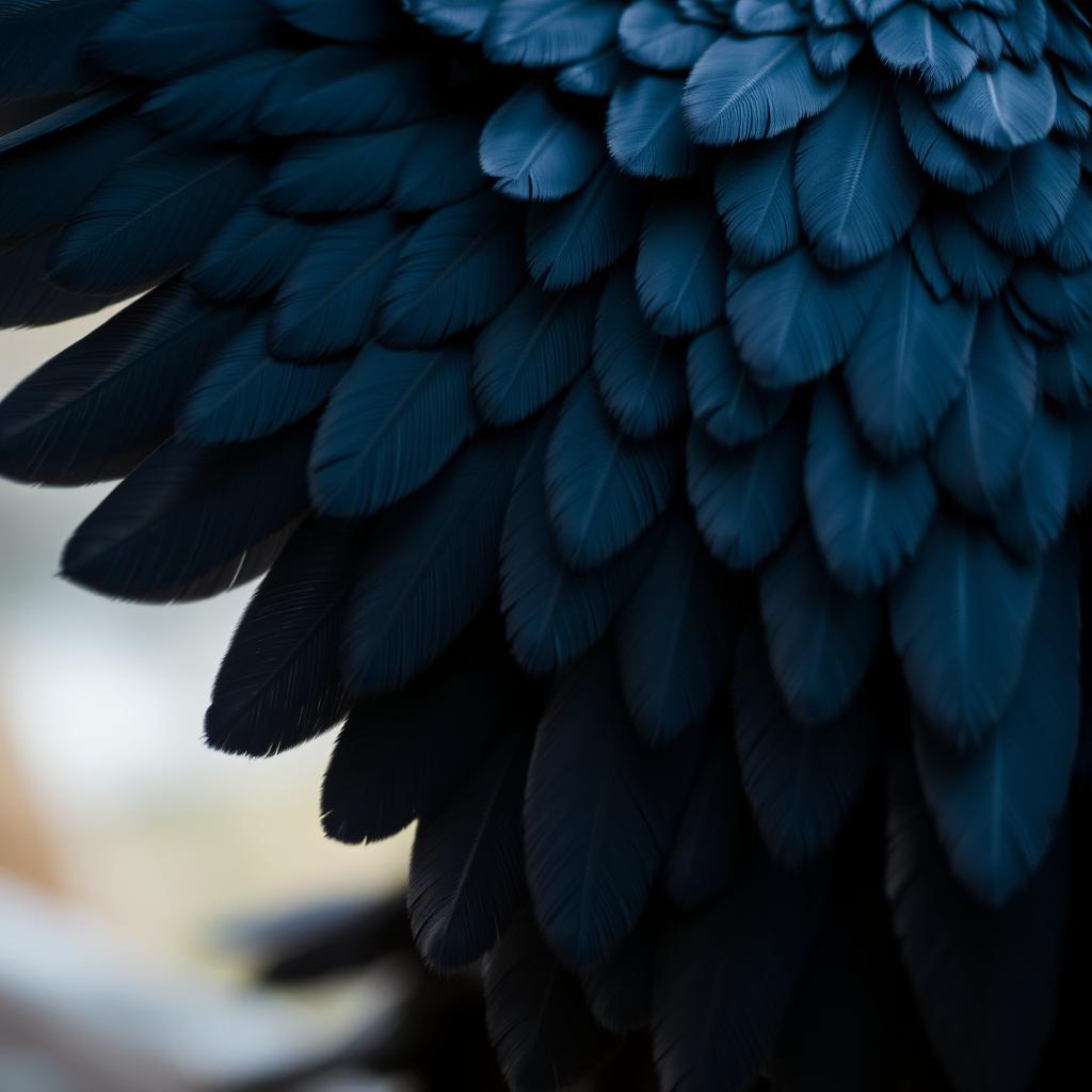 A close-up view of magnificent black wings adorned with intricate feathers, showcasing their glossy sheen and detailed texture