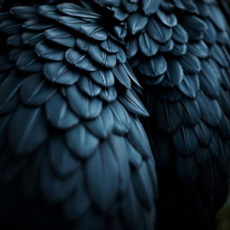 A close-up view of magnificent black wings adorned with intricate feathers, showcasing their glossy sheen and detailed texture