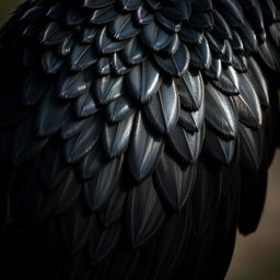 A close-up view of magnificent black wings adorned with intricate feathers, showcasing their glossy sheen and detailed texture