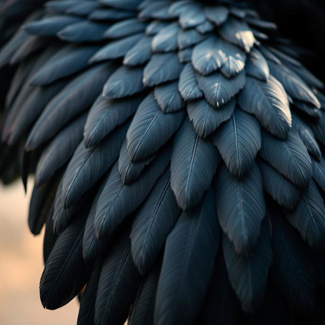 A close-up view of magnificent black wings adorned with intricate feathers, showcasing their glossy sheen and detailed texture