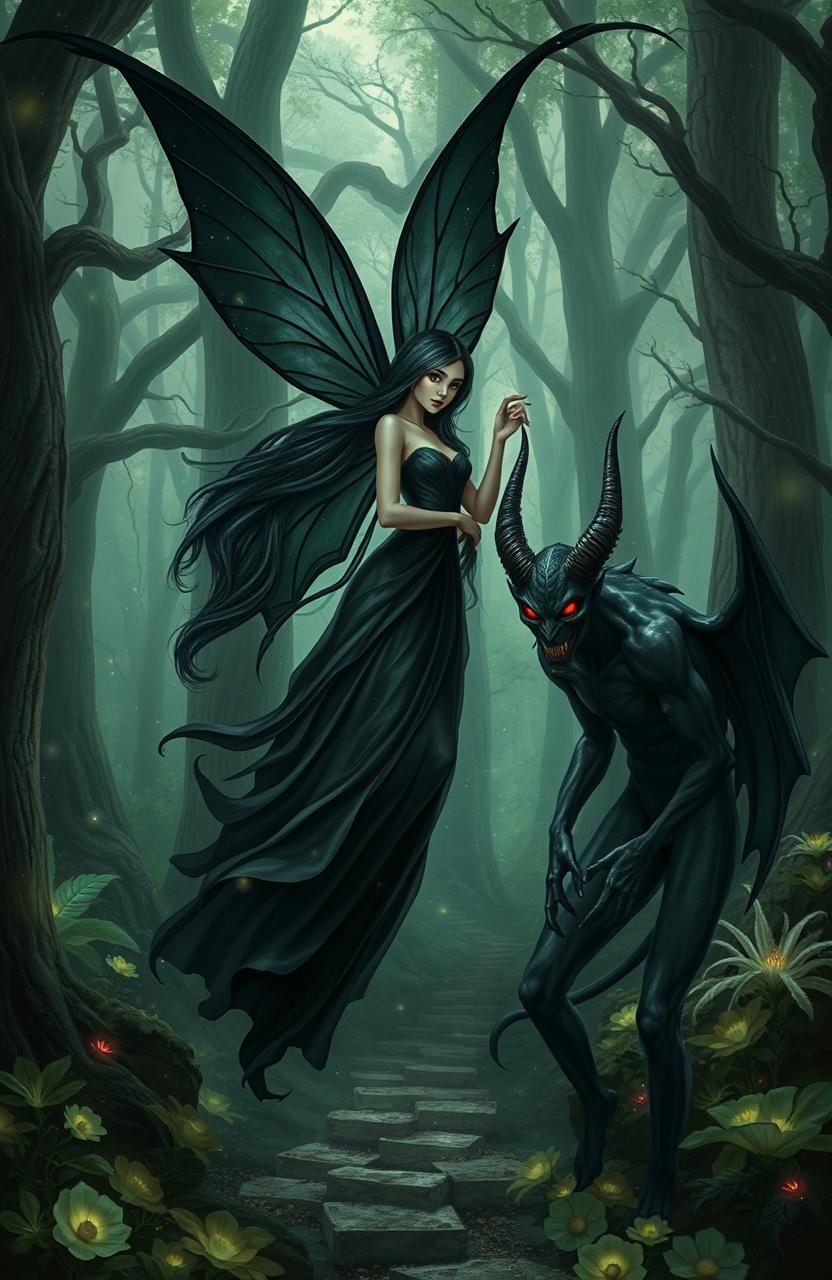 A striking fairy with elegant black wings, gracefully hovering in a mystical forest