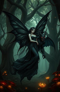 A striking fairy with elegant black wings, gracefully hovering in a mystical forest