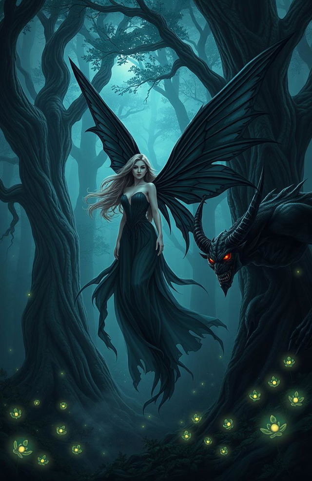 A striking fairy with elegant black wings, gracefully hovering in a mystical forest