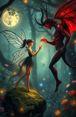 A beautiful fairy with delicate, intricate black wings, glowing in the soft moonlight, stands on a moss-covered rock in an enchanted forest