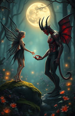 A beautiful fairy with delicate, intricate black wings, glowing in the soft moonlight, stands on a moss-covered rock in an enchanted forest