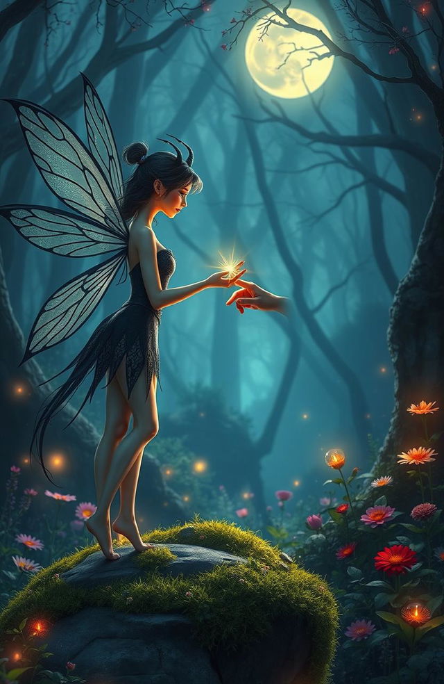 A beautiful fairy with delicate, intricate black wings, glowing in the soft moonlight, stands on a moss-covered rock in an enchanted forest