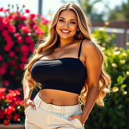 A stunning woman with oversized breasts, showcasing an enviable hourglass figure