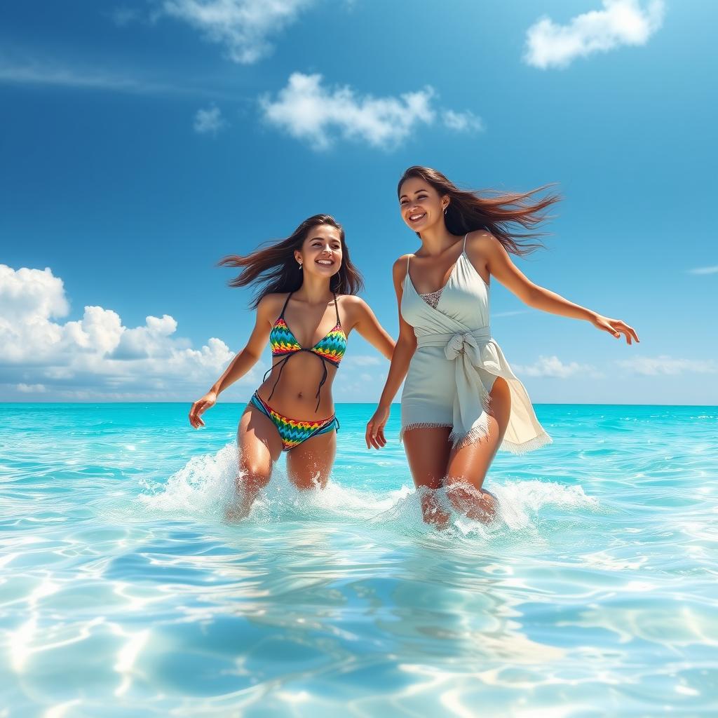 A captivating digital artwork depicting two women enjoying a serene moment in the sea and sky