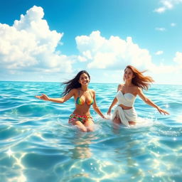 A captivating digital artwork depicting two women enjoying a serene moment in the sea and sky