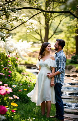 A couple engaged in a heartfelt conversation in a serene park setting, surrounded by blooming flowers and lush greenery