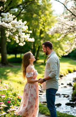 A couple engaged in a heartfelt conversation in a serene park setting, surrounded by blooming flowers and lush greenery