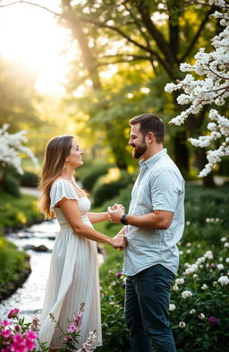 A couple engaged in a heartfelt conversation in a serene park setting, surrounded by blooming flowers and lush greenery